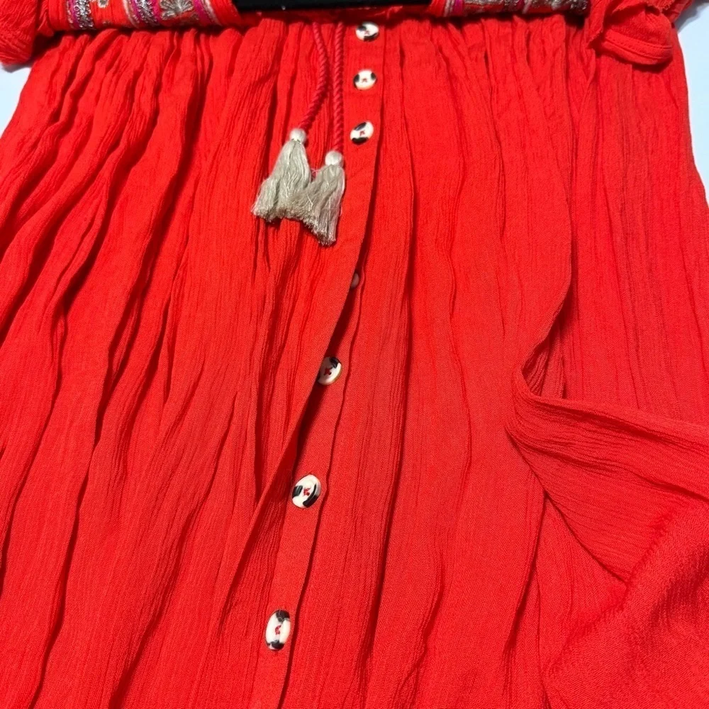 Free People Bali Will Wait For You Boho V Neck Midi Dress Red Embroidered Size S